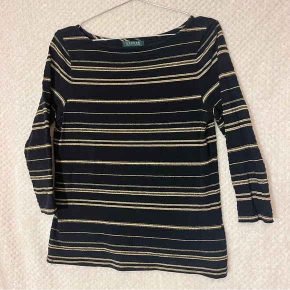 Lauren Ralph Lauren Tops - Lauren Ralph Lauren Navy Black & Gold Striped Boatneck Cotton Blend Womens MED
